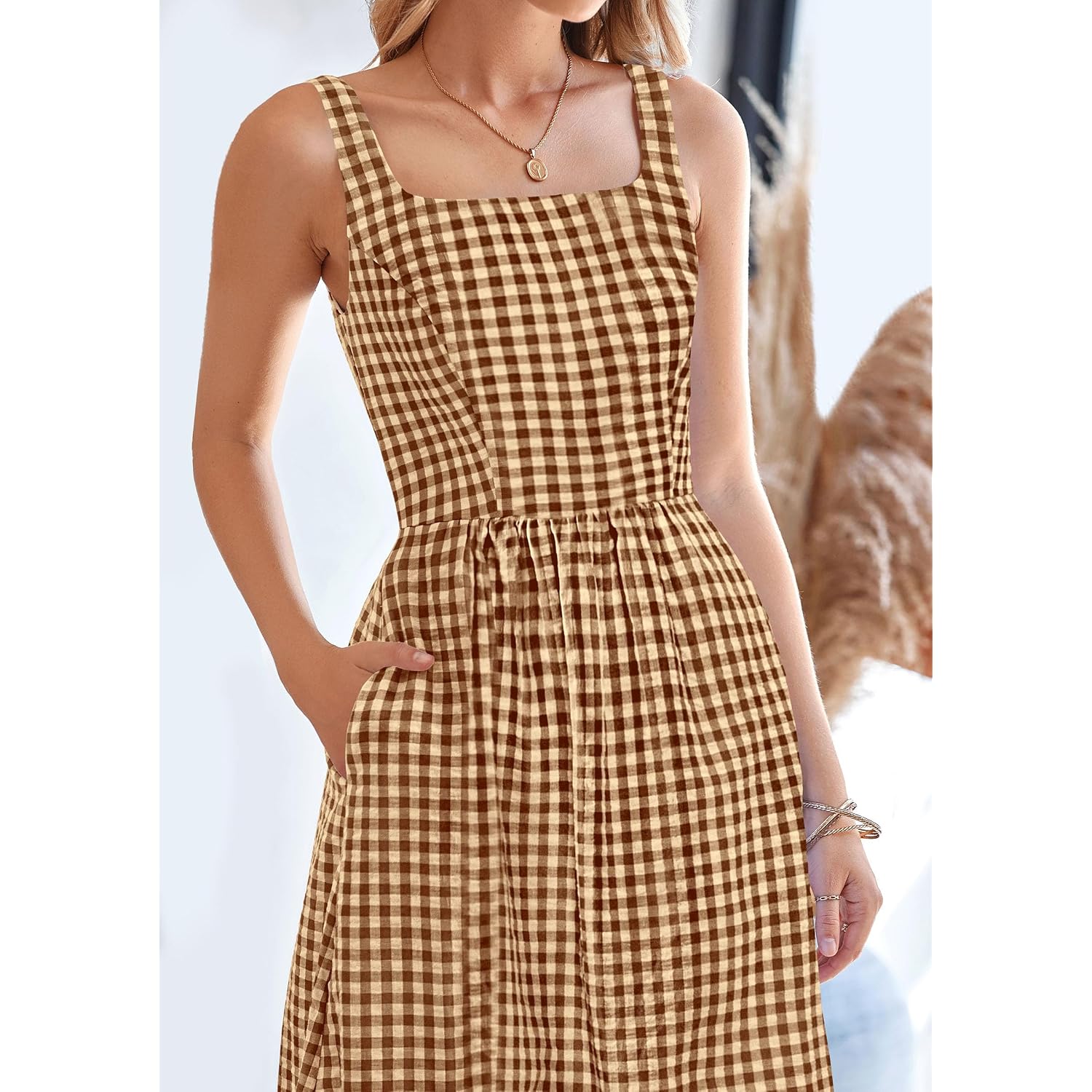 Prettygarden Women'S 2026 Summer Spaghetti Strap Maxi Dresses Plaid Square Neck A Line Casual Beach Vacation Long Sundress