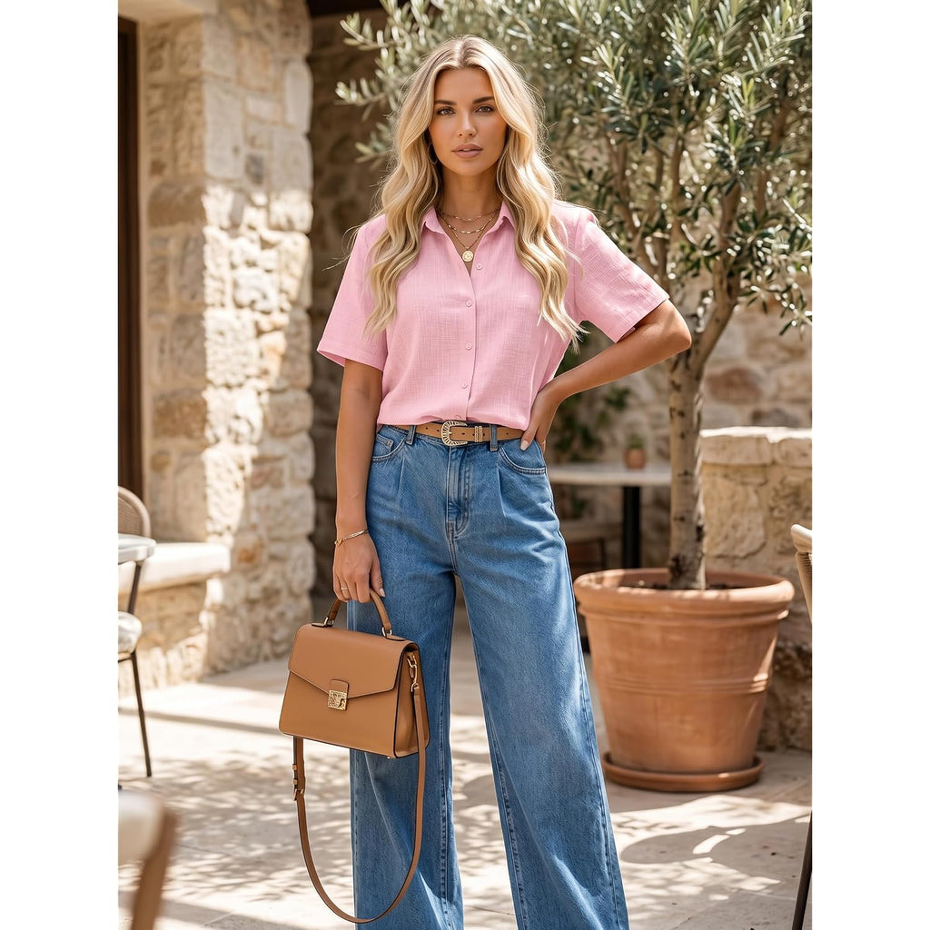 Zeagoo Women Button Down Shirt Cotton Linen Blend Short Sleeve V Neck Blouse Dressy Casual Summer Tops Beach Vacation Outfits