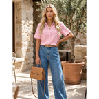 Zeagoo Women Button Down Shirt Cotton Linen Blend Short Sleeve V Neck Blouse Dressy Casual Summer Tops Beach Vacation Outfits