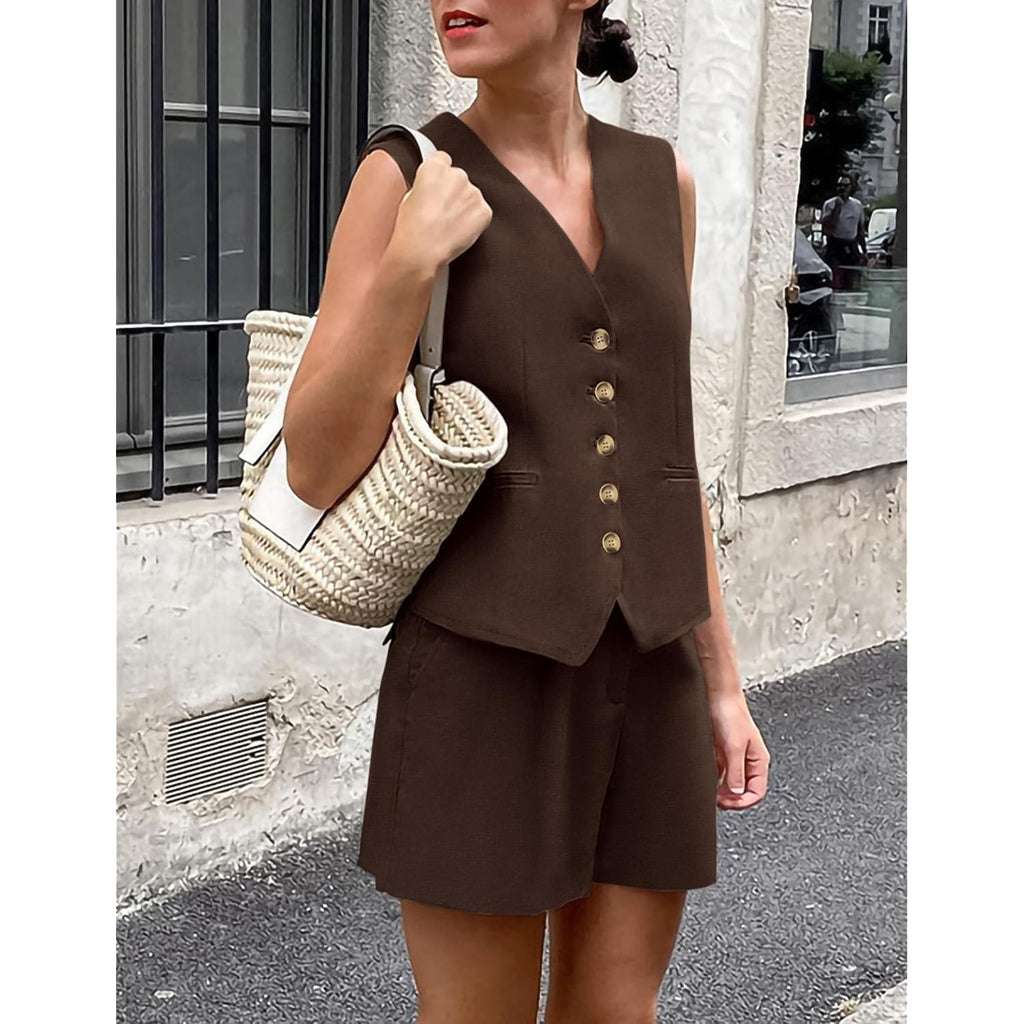 Prettygarden Women'S Summer 2 Piece Outfits Sleeveless Matching Sets Button Down V Neck Vest Waistcoat And Pockets Shorts