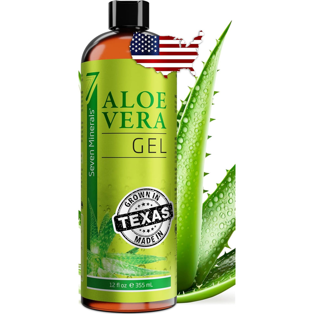 Seven Minerals Aloe Vera Gel With Freshly Cut Pure Organic Aloe - Big 12Oz - Texas Grown, Highestquality, Vegan, Unscented, Non-Sticky - After Sun, Sunburn Relief, Skin & Face Moisturizer, Hair Mask