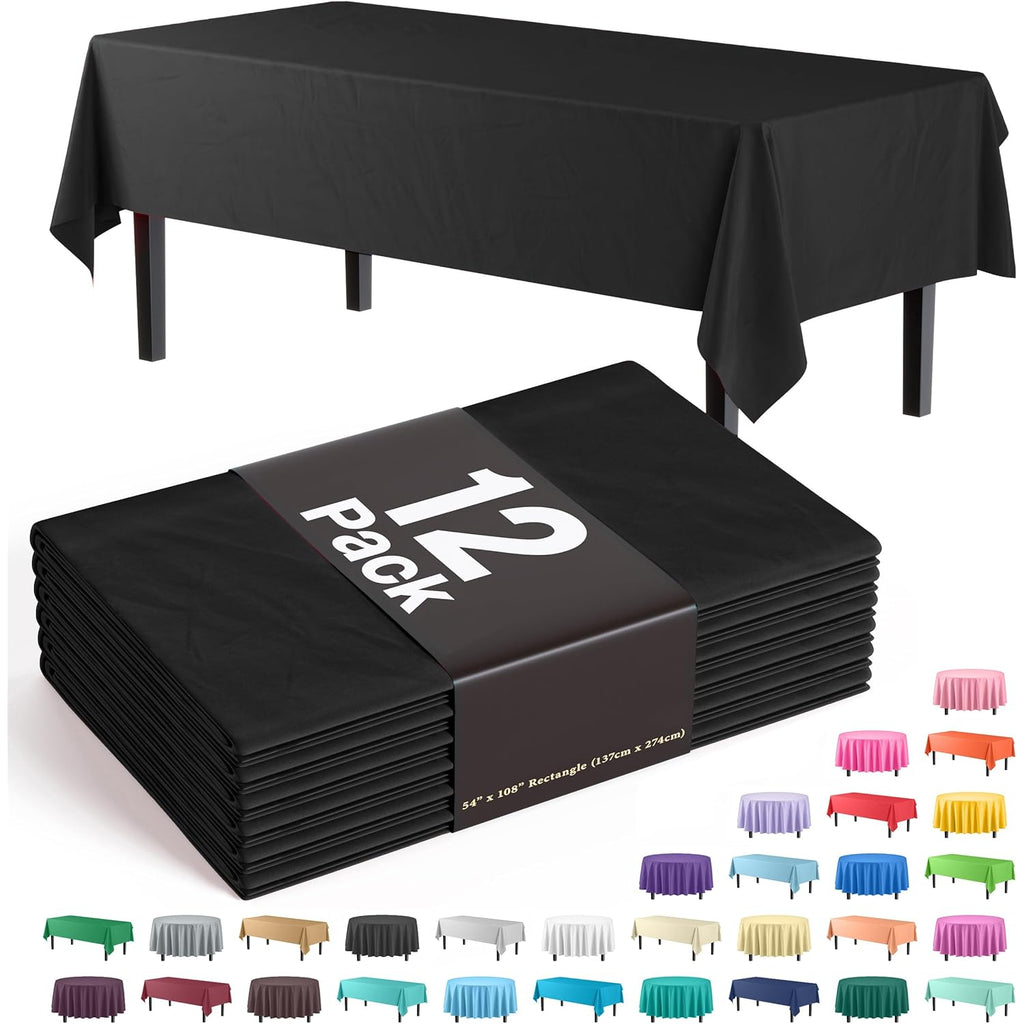 Black Plastic Tablecloth 12 Pack 54" x 108" Disposable Rectangle Table Cover for 6 to 8 Foot, Waterproof & Sturdy, for Party, Wedding, Birthday, Picnic, Indoor Outdoor - Exquisite, Black