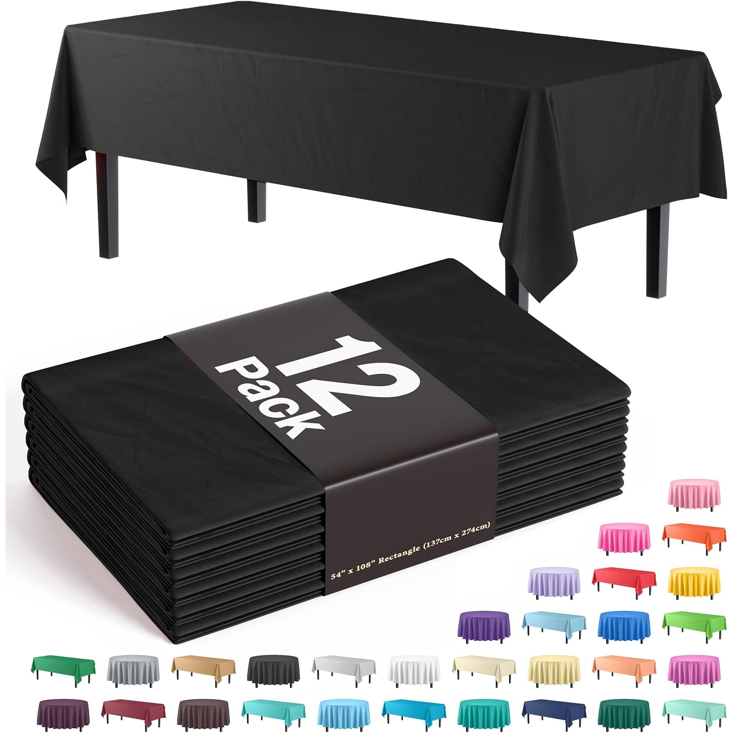 Black Plastic Tablecloth 12 Pack 54" x 108" Disposable Rectangle Table Cover for 6 to 8 Foot, Waterproof & Sturdy, for Party, Wedding, Birthday, Picnic, Indoor Outdoor - Exquisite, Black