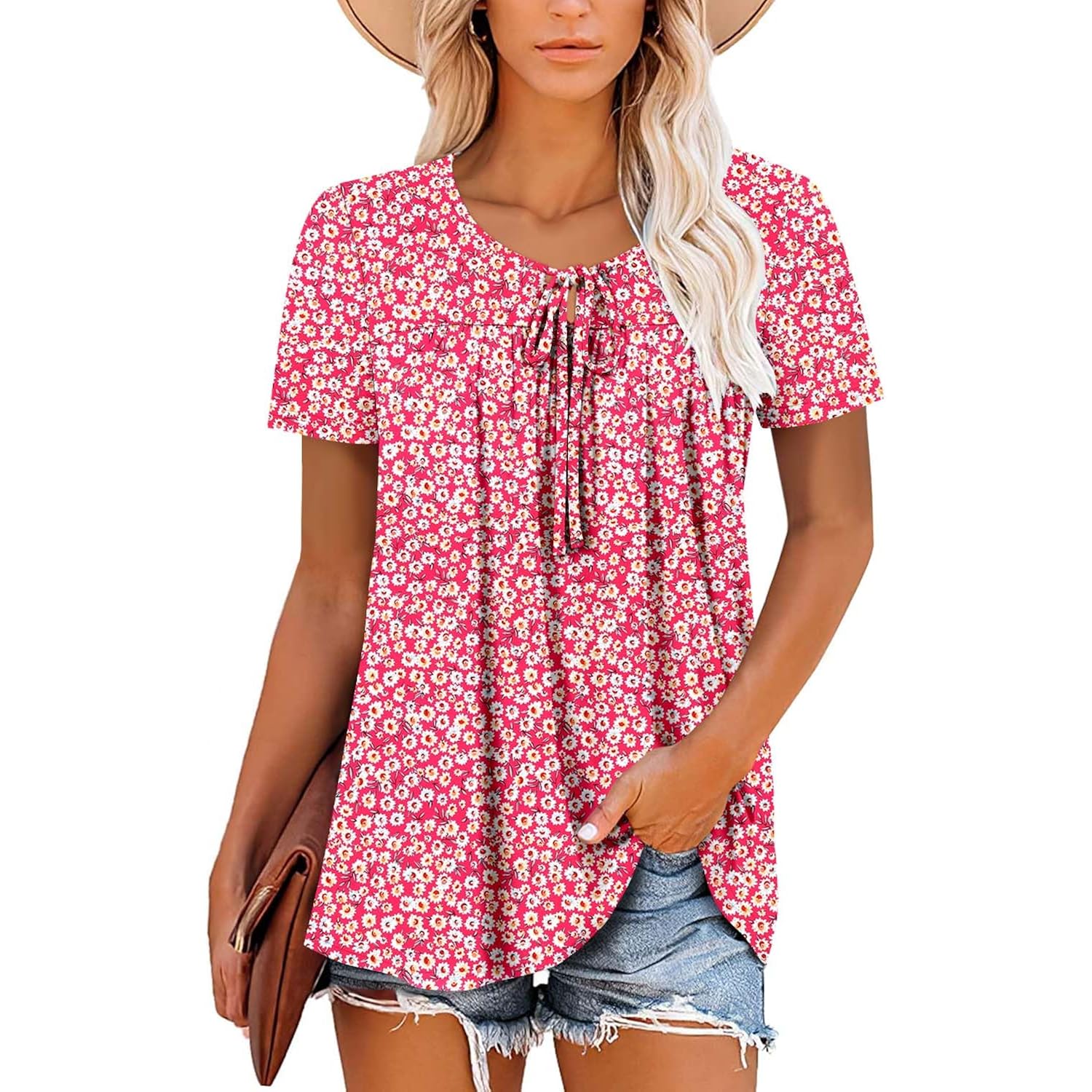 Womens Summer Tops Corded Short Sleeve Tunic Shirts Pleated Crewneck Corded Tops Blouses S-3XL