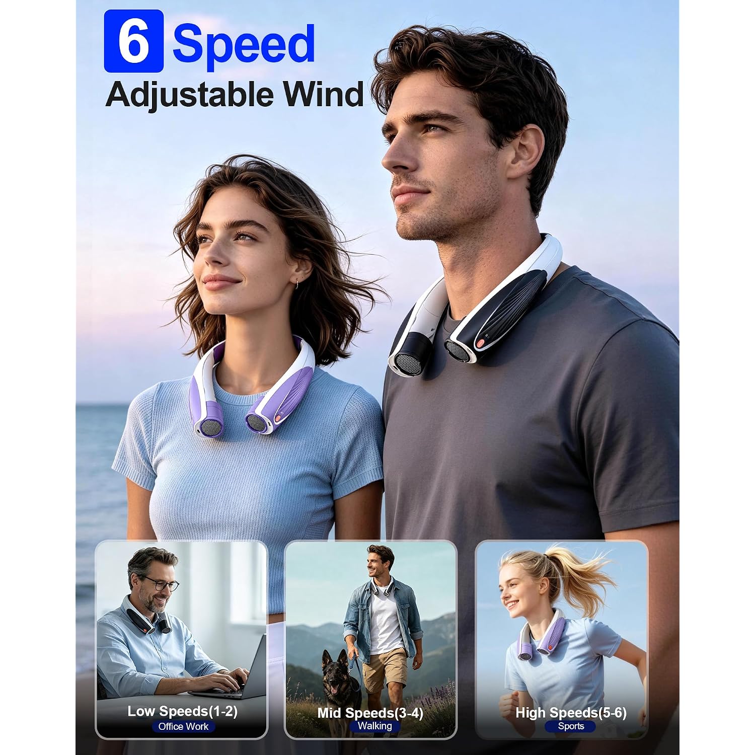 Portable Neck Fan, Max 20H, Rechargeable Personal Fan With 6000Mah Battery, 360° Cooling, 6 Speeds Hands-Free Wearable Fan, Gifts For Men, Women, Travel, World Cup, Outdoor