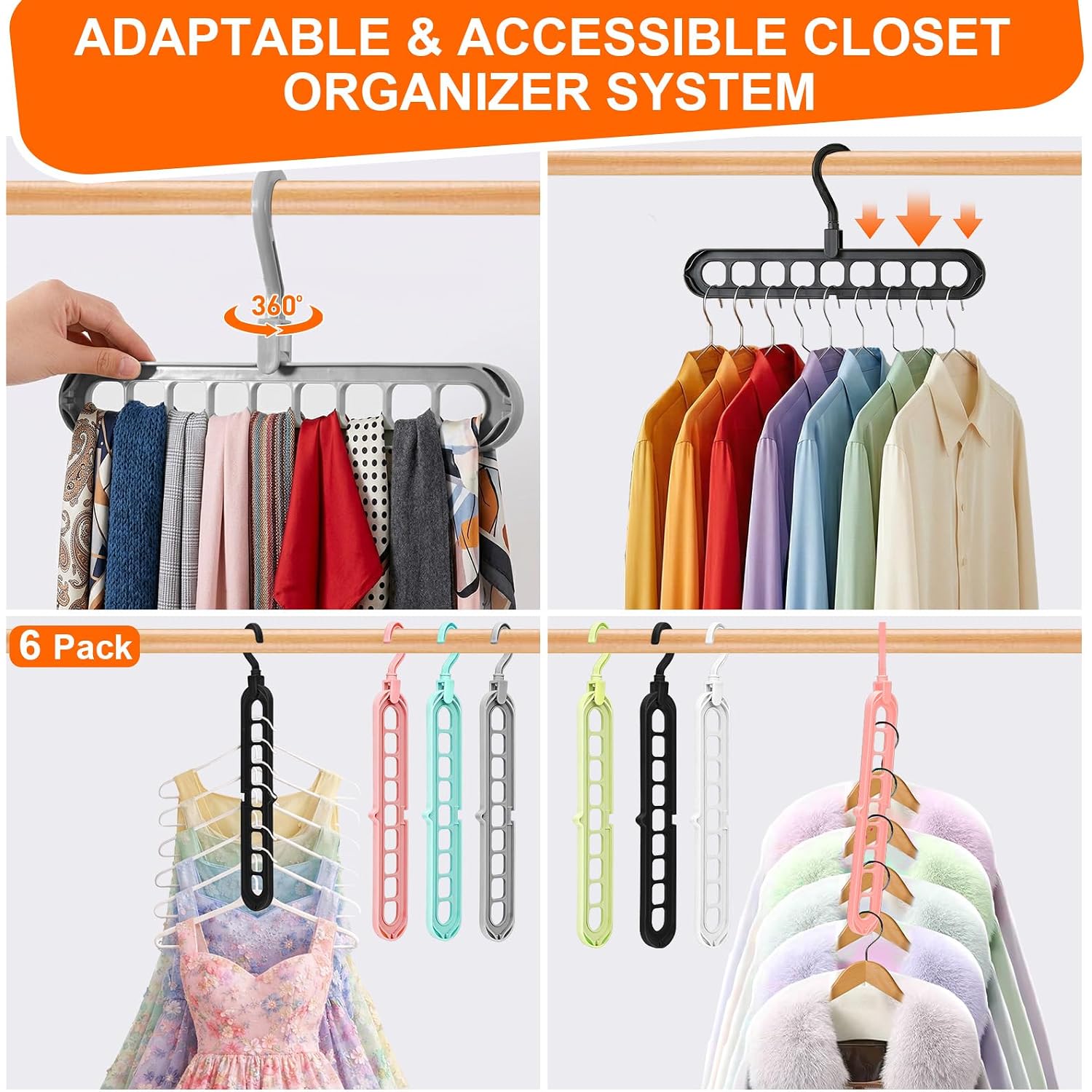 Closet Organizers And Storage,College Dorm Room Essentials,Pack Of 6 Multifunctional Organizer Magic Space Saving Hangers With 9 Holes Storage Organization For Wardrobe Closet
