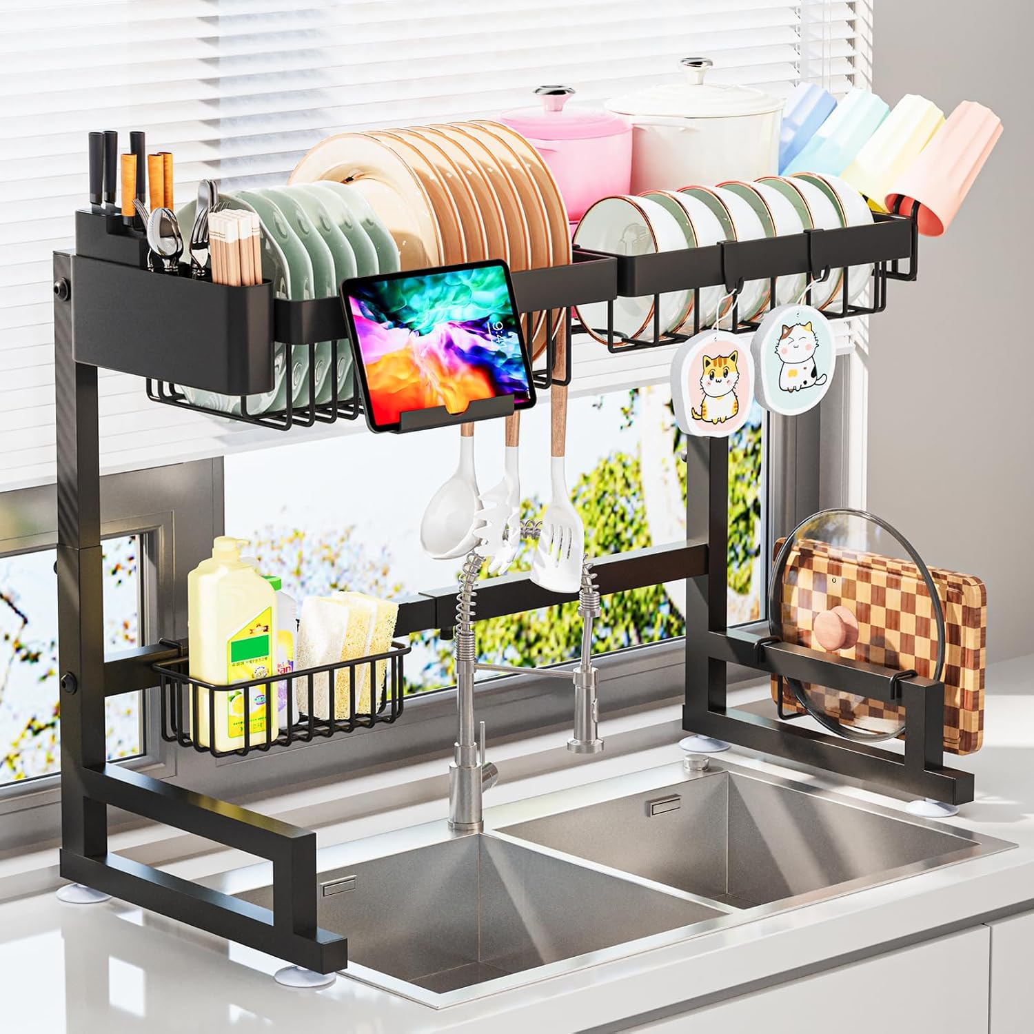 Adbiu Over The Sink Dish Drying Rack (Expandable Height And Length) Snap-On Design 2 Tier Large Dish Rack
