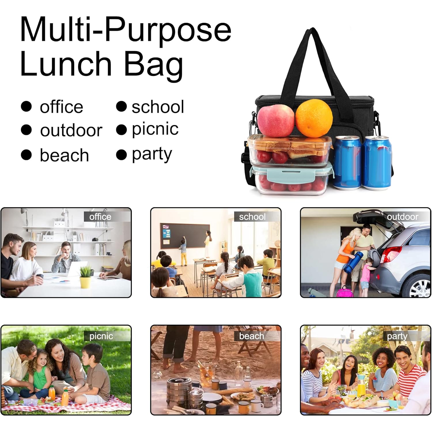 Femuar Reusable Lunch Box for Men/Women - Insulated Lunch Bag Leakproof Lunchbox for Work Office Picnic Beach - Freezable Lunch Cooler Bag with Adjustable Shoulder Strap - Black