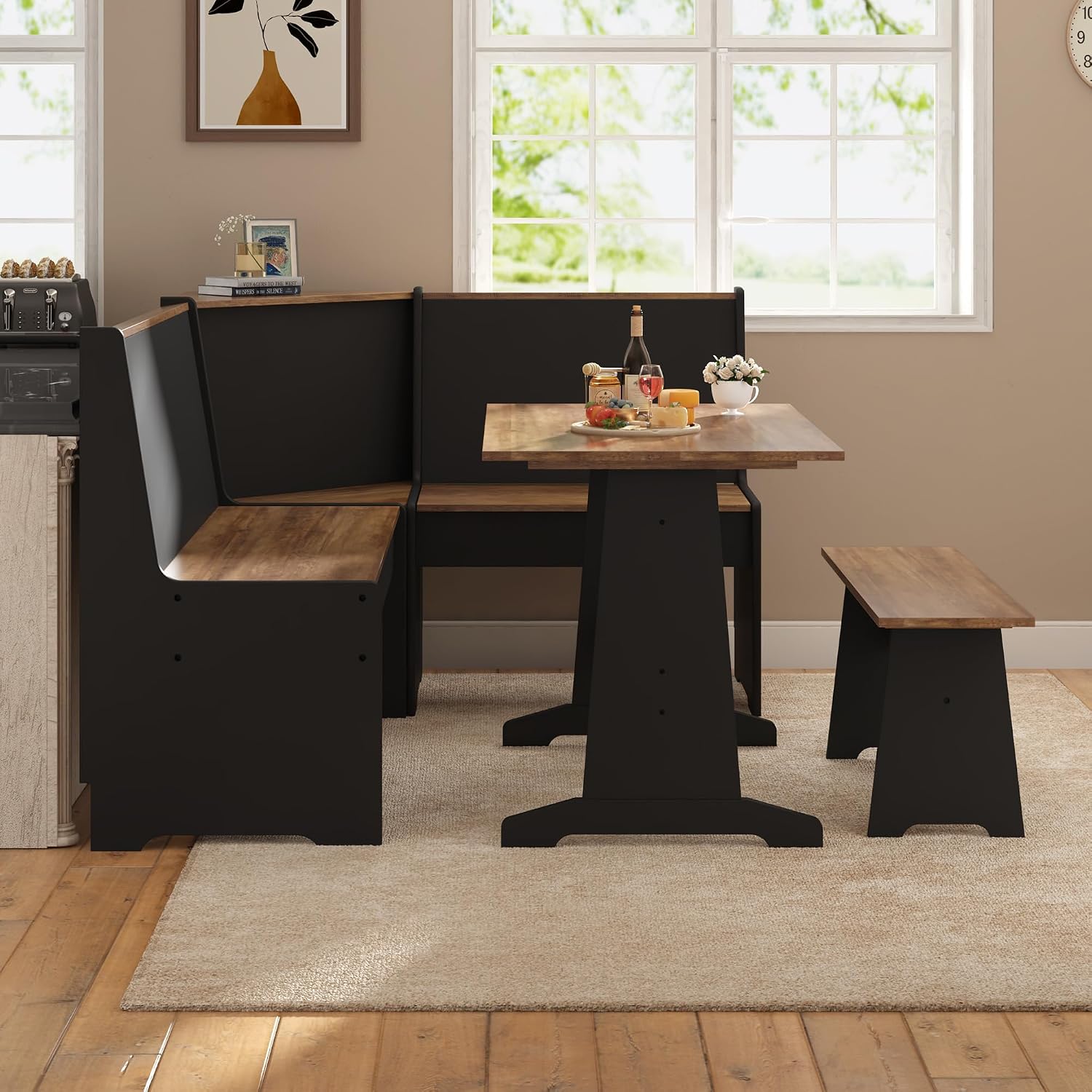 Amerlife 3-Piece Breakfast Nook Dining Set With Storage, Black Oak | L-Shaped Corner Bench, Hidden Storage, Compact Dining Set For Small Spaces, Kitchen Dining Room Furniture