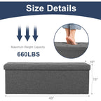 Dumos 43 Inch Folding Storage Ottoman Bench, Large Hidden Storage Chest With Thicker Foam Padded Seat, End Of Bed Foot Rest Stool For Bedroom Living Room Entryway, Load 660 Lbs, Grey