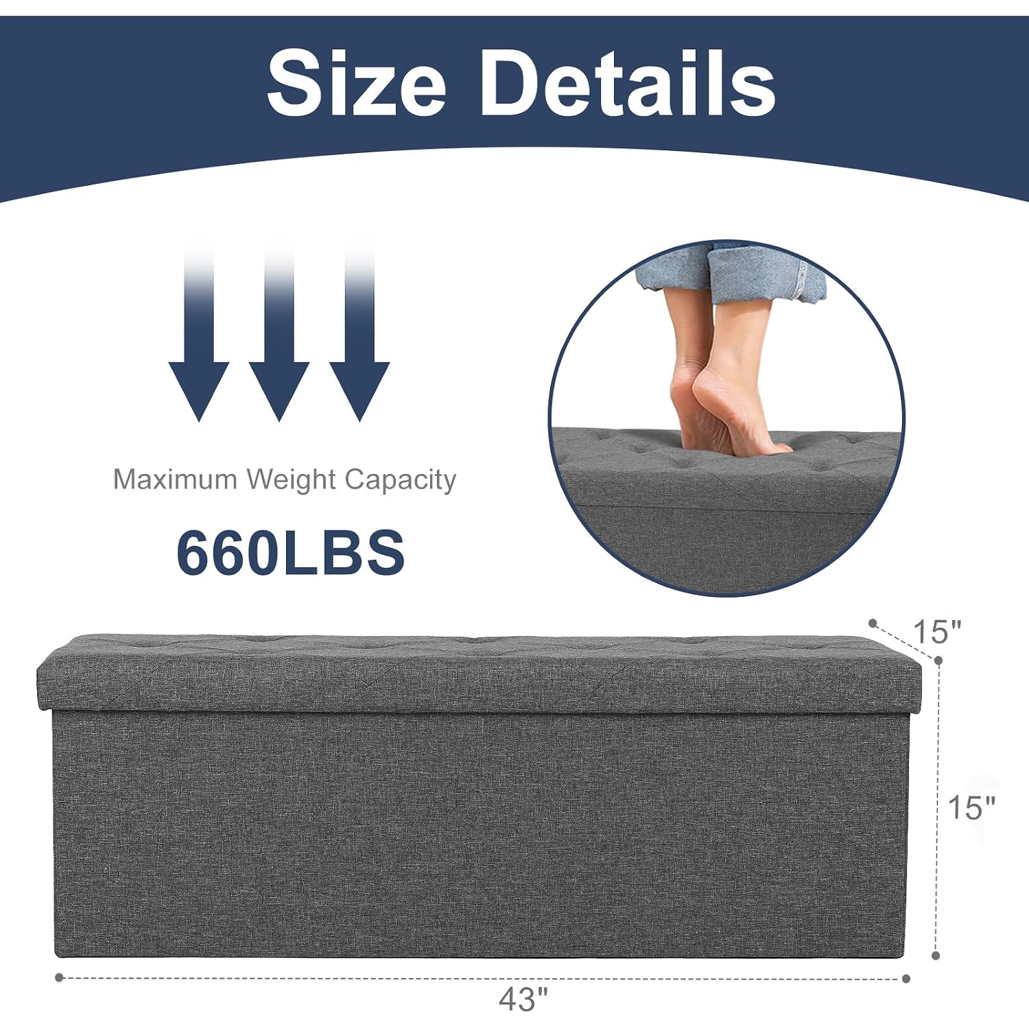 Dumos 43 Inch Folding Storage Ottoman Bench, Large Hidden Storage Chest With Thicker Foam Padded Seat, End Of Bed Foot Rest Stool For Bedroom Living Room Entryway, Load 660 Lbs, Grey