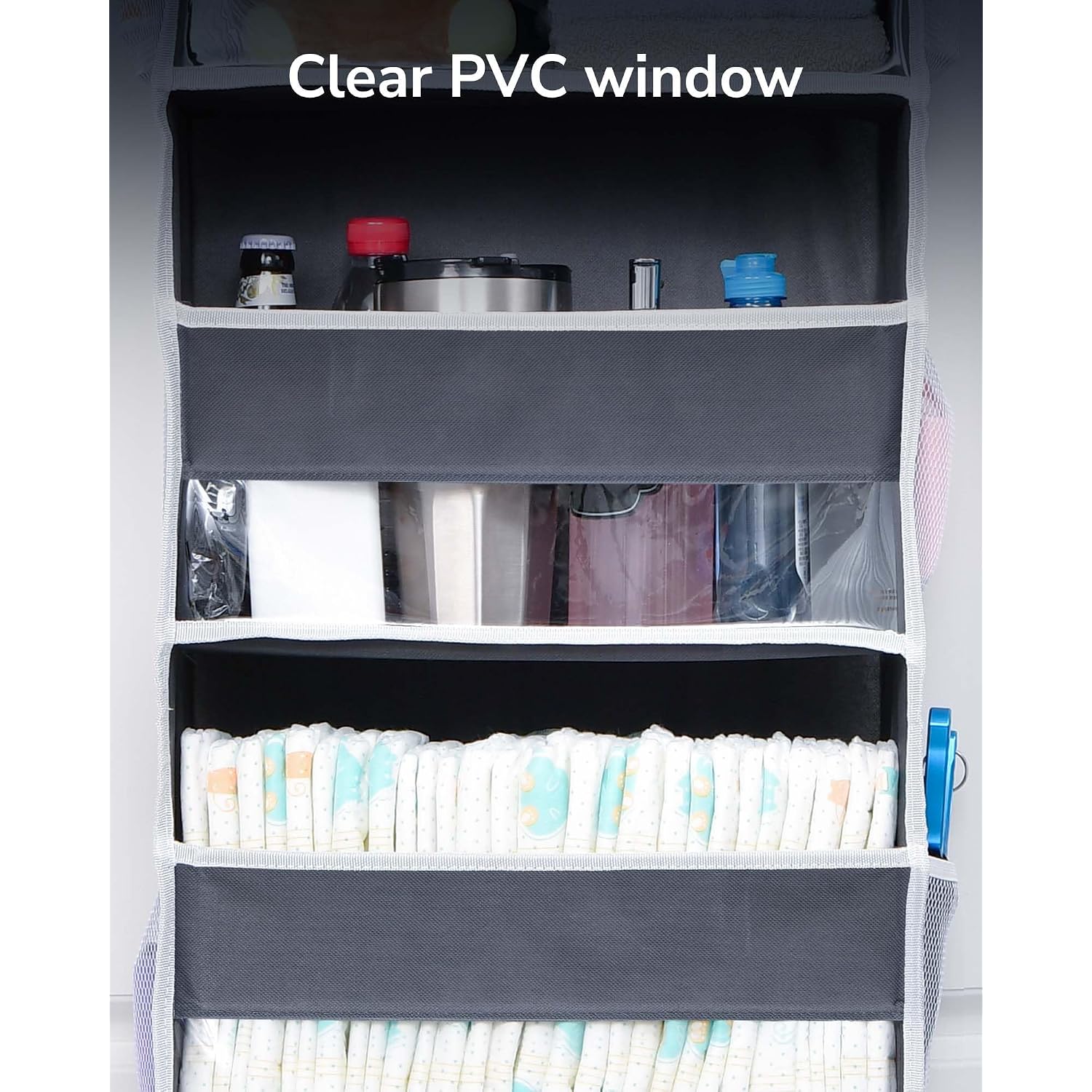 Ulg 1 Pack Over Door Organizer With 5 Large And 10 Mesh Side Pockets, 44 Lbs Weight Capacity Hanging Storage With Clear Window Kids Toys, Shoes, Diapers, Dark Grey, 5 Layers
