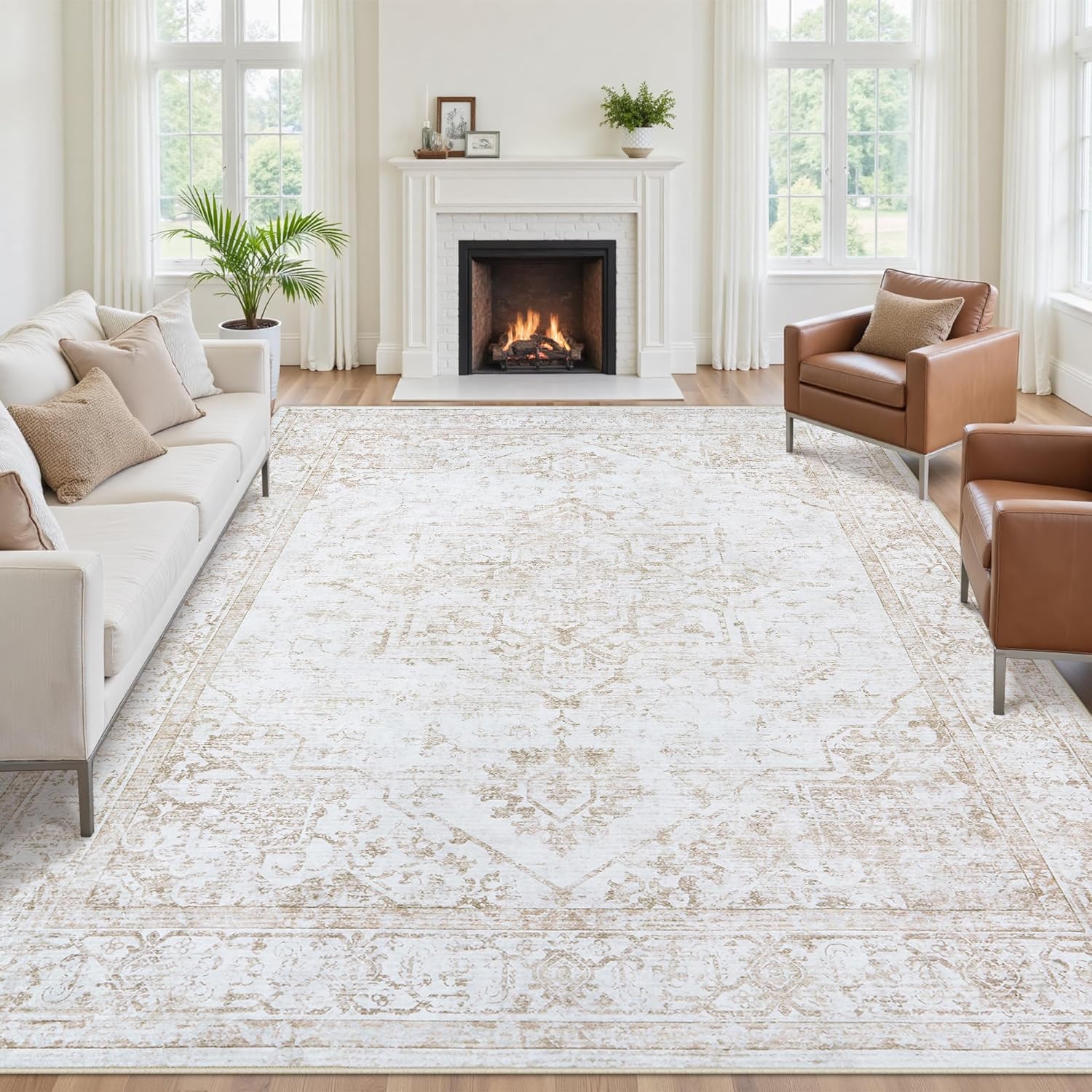 8x10 Area Rugs for Living Room:Beige Washable Vintage Medallion Rug Non-Slip Soft Low Pile Large Rugs Indoor Retro Carpet for Bedroom Kitchen Nursery Dining Table Office (Beige, 8'x10')