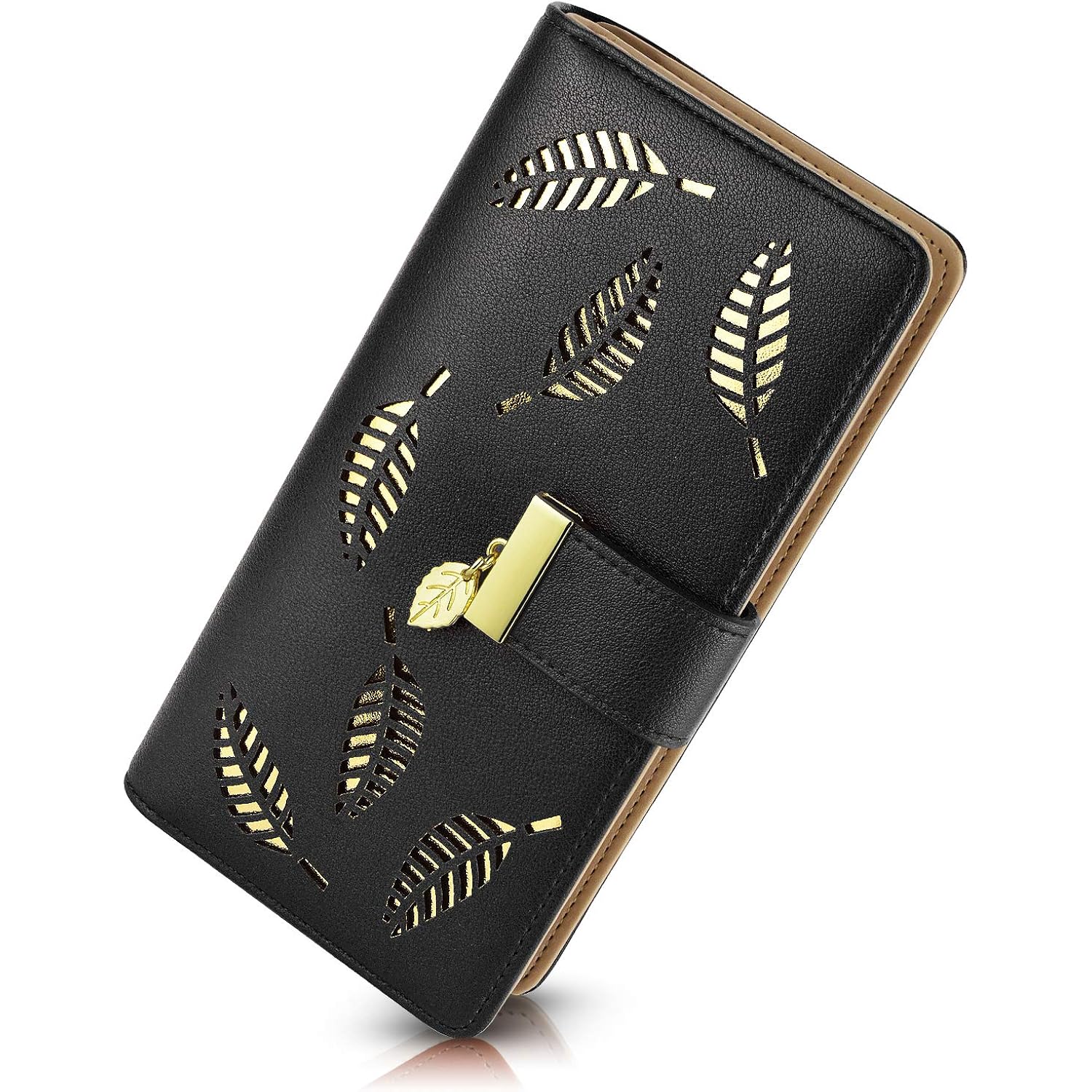 PGXT Women's Wallet Women Credit Card Holder Hollow Leaf Pattern Bifold Leather Lady Long Wallet Purse Zip Birthday Xmas Gifts for Women Girls(Black)