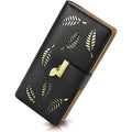 PGXT Women's Wallet Women Credit Card Holder Hollow Leaf Pattern Bifold Leather Lady Long Wallet Purse Zip Birthday Xmas Gifts for Women Girls(Black)