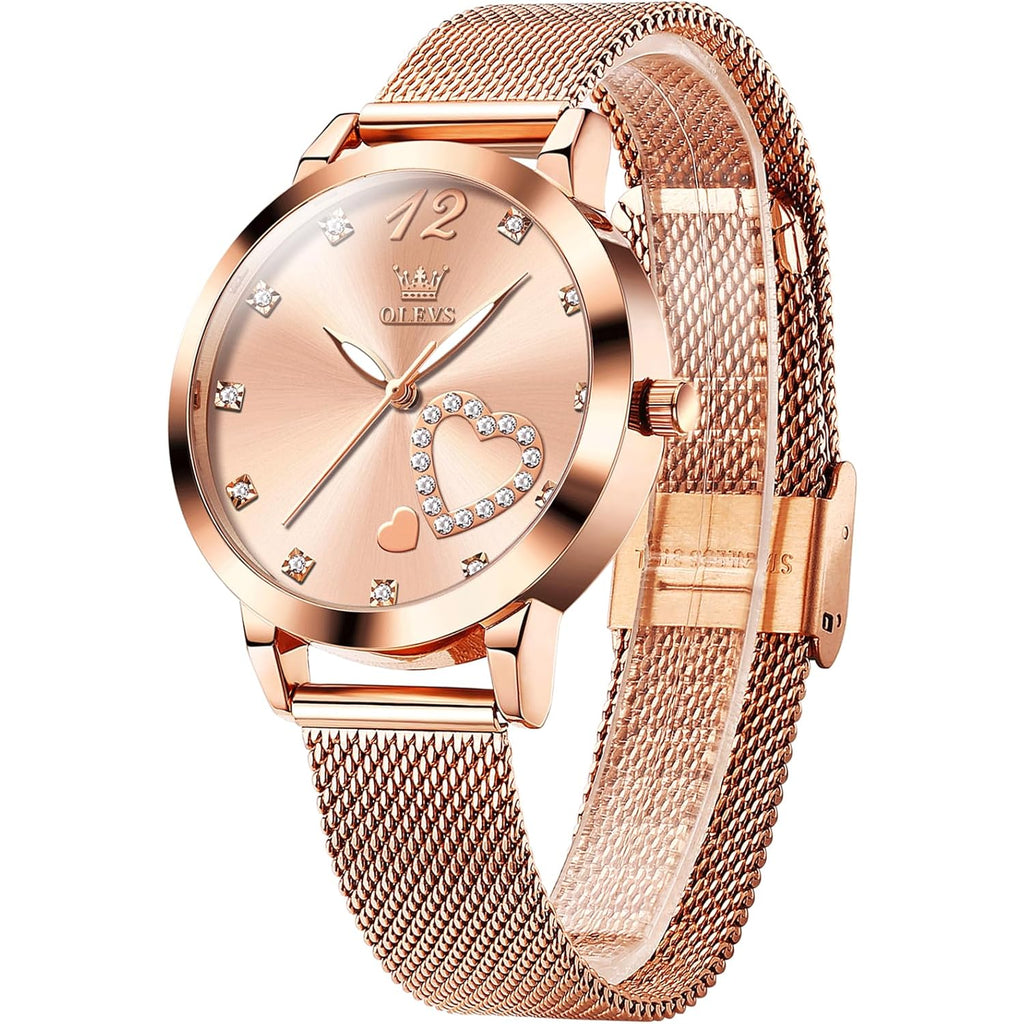 OLEVS Women's Small Wrist Rose Gold Tone Watch - Cute Diamond Heart Arabic Numerals Dial, Fashion Waterproof Mesh Bracelet Analog Dress for Ladies