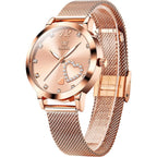 OLEVS Women's Small Wrist Rose Gold Tone Watch - Cute Diamond Heart Arabic Numerals Dial, Fashion Waterproof Mesh Bracelet Analog Dress for Ladies