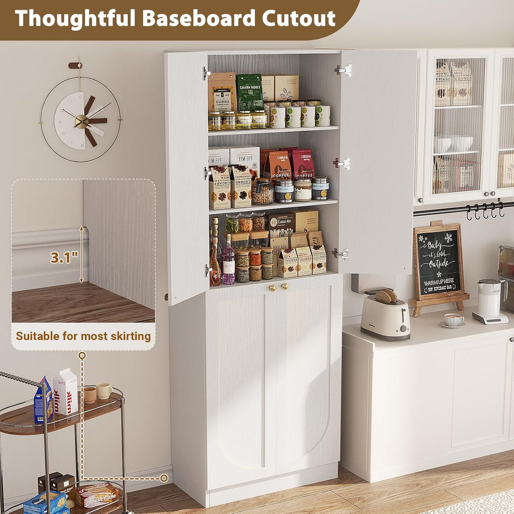 Cyclysio 80" Kitchen Pantry, Extra Tall Arch Storage Cabinet With 4 Soft Close Doors And Adjustable Shelves, Freestanding Wood Cupboard With Seamless Fit Wall For Dining Living Room Bathroom Furniture