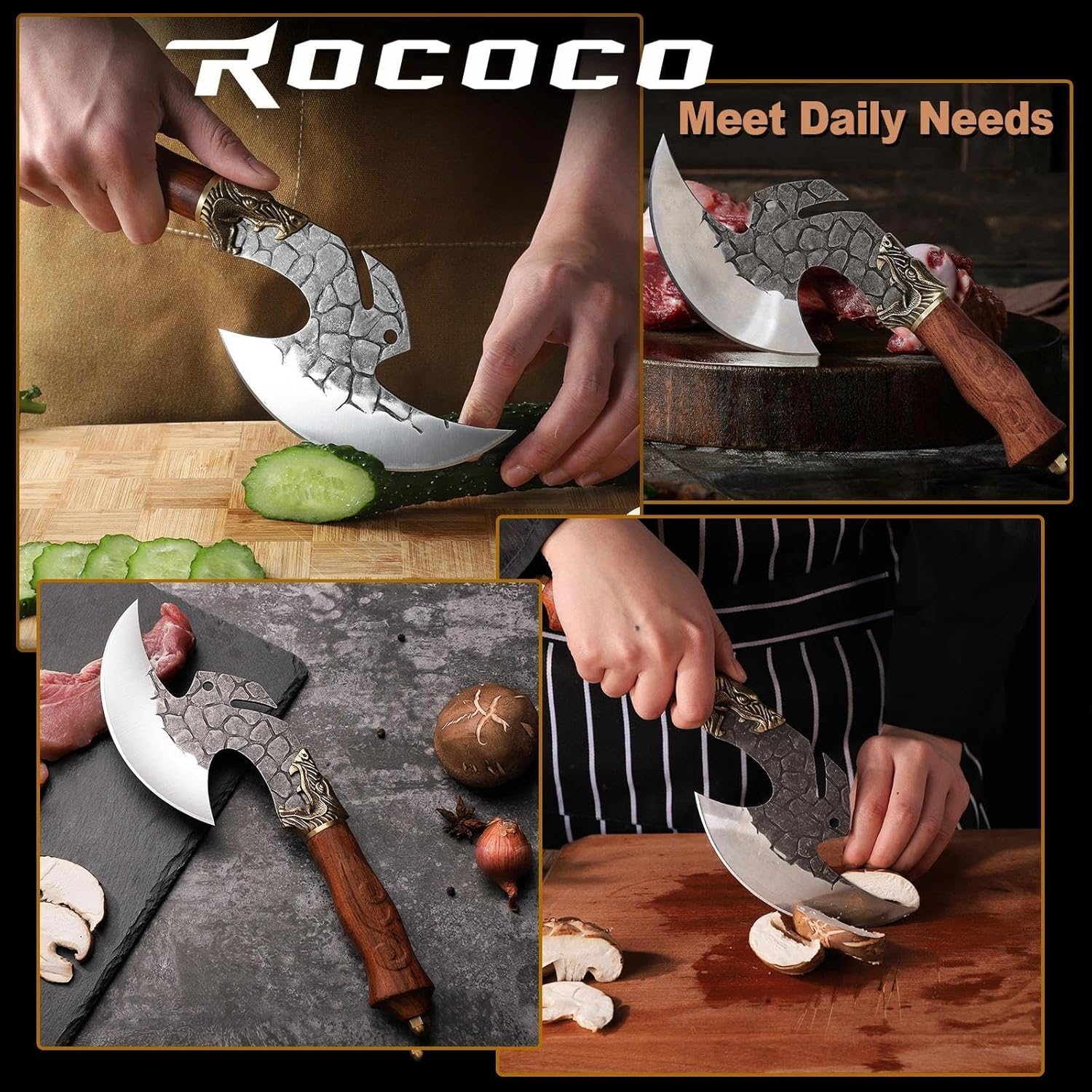 ROCOCO Viking Cleaver Knife Birthday - Butcher Meat Cutting Boning Knife Hand Forged Chinese Kitchen Axe with Sheath Home Outdoor BBQ Camping Chirstmas Mother Father Gift Men