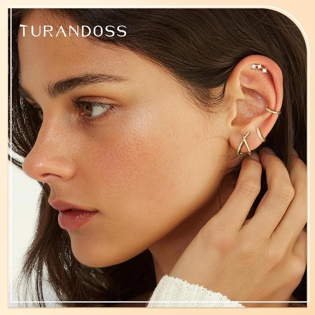 Turandoss 7 Pairs Gold Earrings for Women - Hypoallergenic 14K Gold Plated Stud & Hoop Cartilage Earring Sets Lightweight Helix Lobe Tragus Conch Earrings for Women