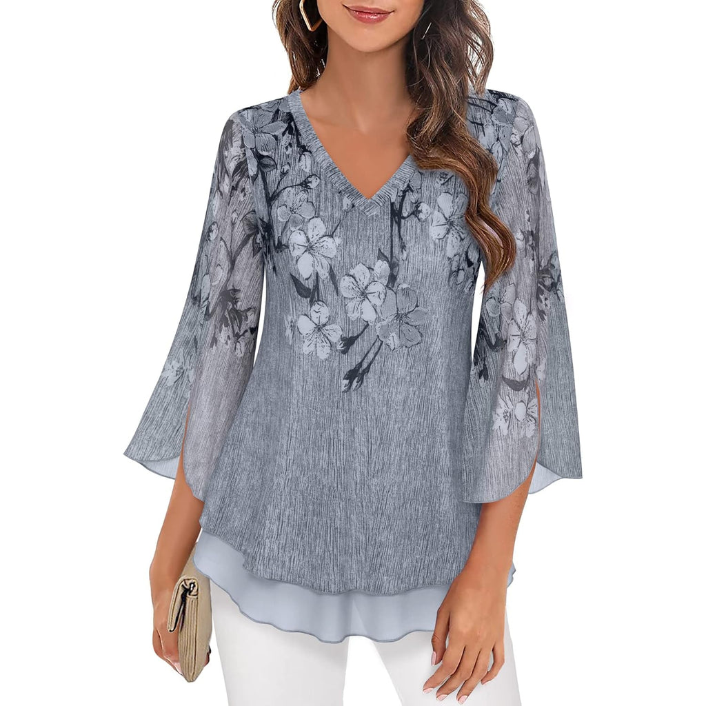 Women's 3/4 Sleeve Floral Blouses Shirts Double Layers V Neck Dressy Tunics Tops