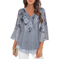 Women's 3/4 Sleeve Floral Blouses Shirts Double Layers V Neck Dressy Tunics Tops
