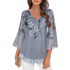Women's 3/4 Sleeve Floral Blouses Shirts Double Layers V Neck Dressy Tunics Tops