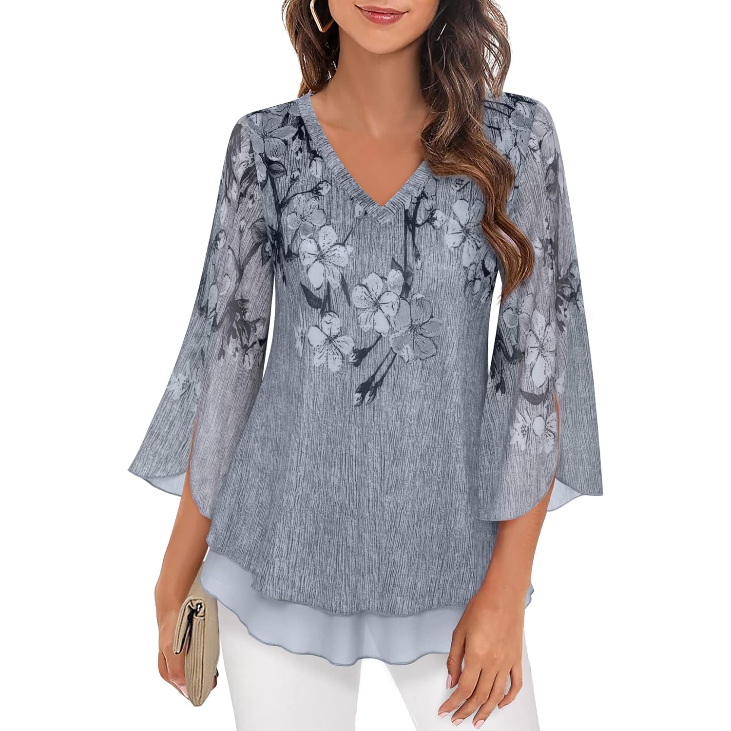 Women's 3/4 Sleeve Floral Blouses Shirts Double Layers V Neck Dressy Tunics Tops