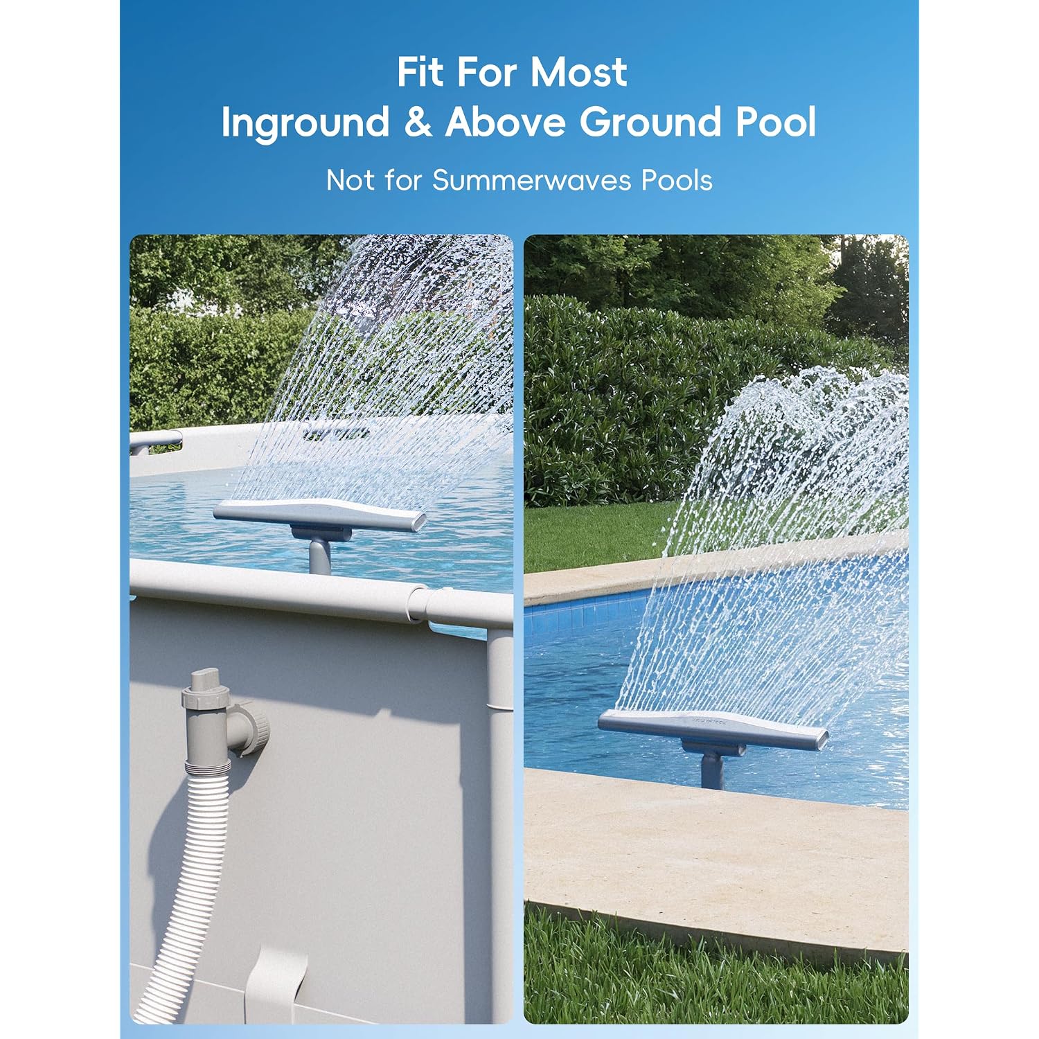 Poolhacker Original Pool Sprinkler Fountains For Above And In-Ground Pools, Adjustable Whale Tail Waterfall Wide Width For Relaxation & Cooling, 10-20 Degrees, Gray