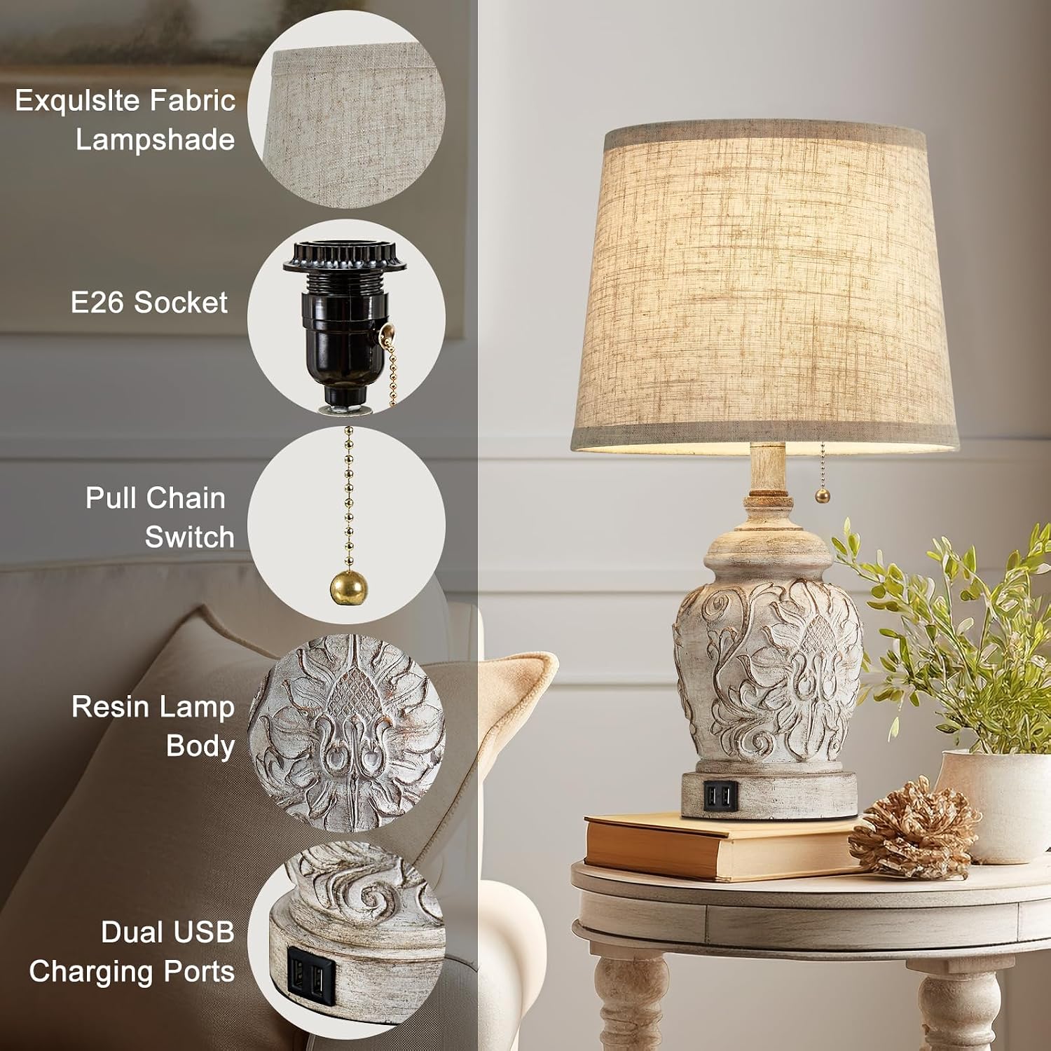 19.5" Vintage Rustic Table Lamp Set Of 2 Farmhouse Table Lamps For Living Room Bedroom Decor With Usb Ports Traditional Carved Floral White Bedside Night Light Lamps With Pull Chain Switch