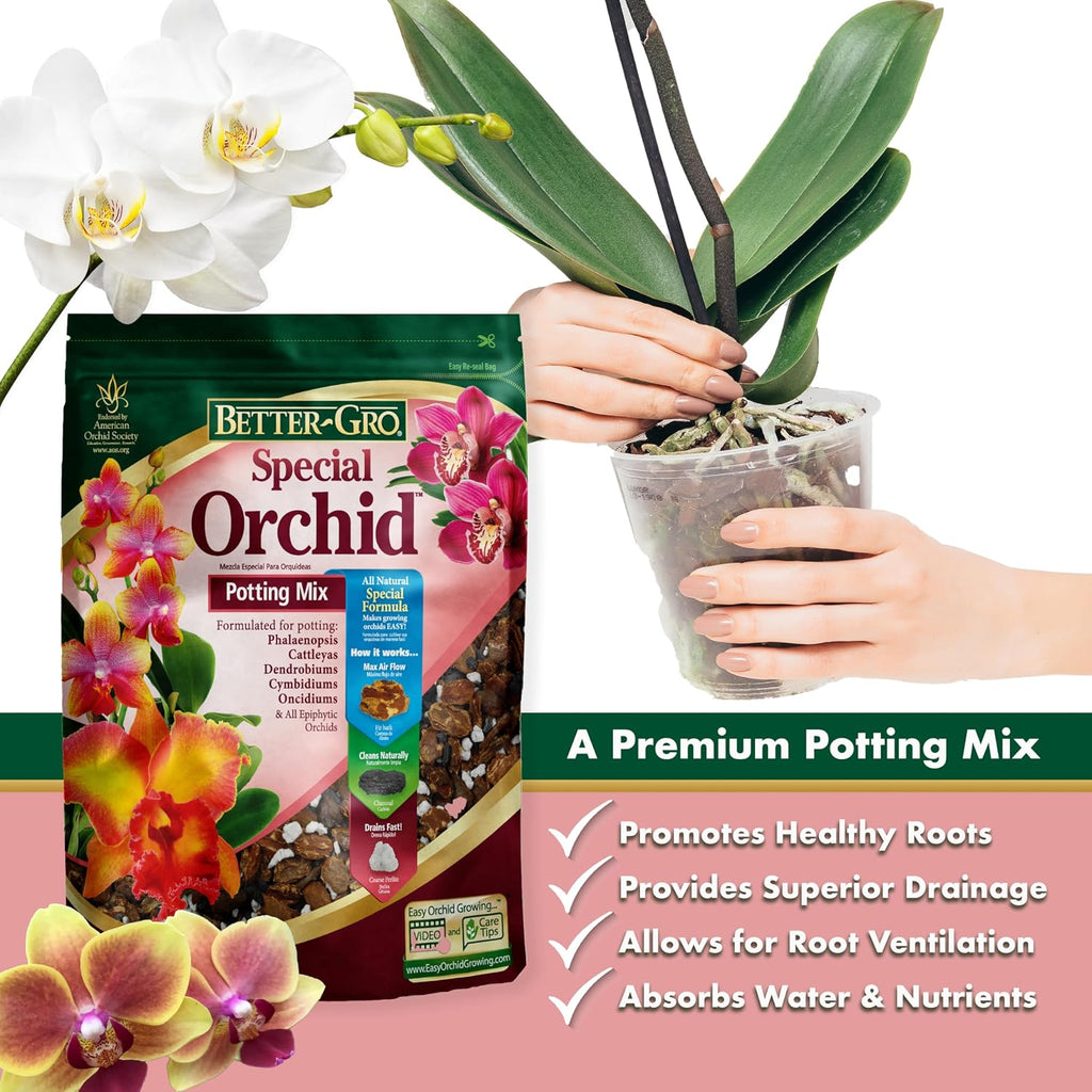 Better-Gro Special Orchid Mix - Premium Grade Orchid Bark Potting Mix For Potting, Repotting, Enhanced Drainage, Air Flow & Root Ventilation, Ideal For Phalaenopsis, Cattleyas, Dendrobiums - 4 Quarts