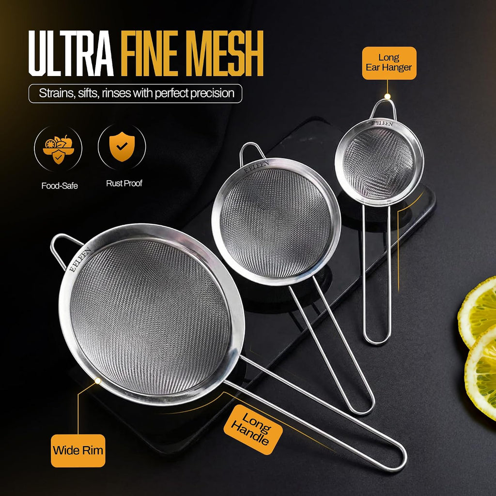Eleen Premium Stainless Steel Fine Mesh Strainers For Kitchen 3-Piece Set With Non-Slip Handle, Small, Medium & Large Sieves, Colanders And Sifter For Sifting, Straining, Pastas Tea, Rice Vegetables