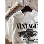 RoseSeek Women's Graphic Letter Tee Crew Neck Drop Shoulder Trendy Summer T Shirt Short Sleeve Vintage Car Print Top White