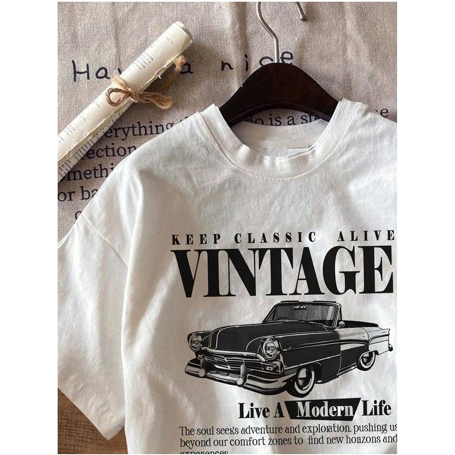 RoseSeek Women's Graphic Letter Tee Crew Neck Drop Shoulder Trendy Summer T Shirt Short Sleeve Vintage Car Print Top White