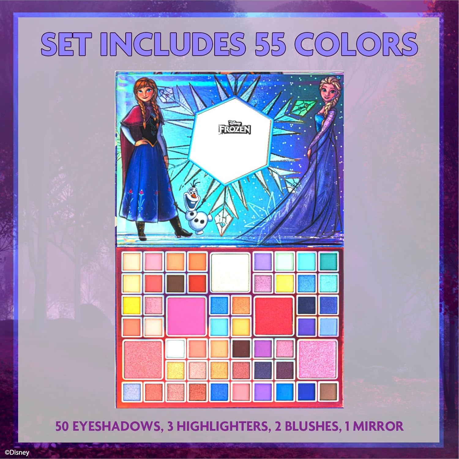 Disney Frozen Elsa and Anna 55 Well Eye Shadow Palette with Mirror, Makeup for Girls and Teens, Shimmery and Matte Colors, by Townley Girl
