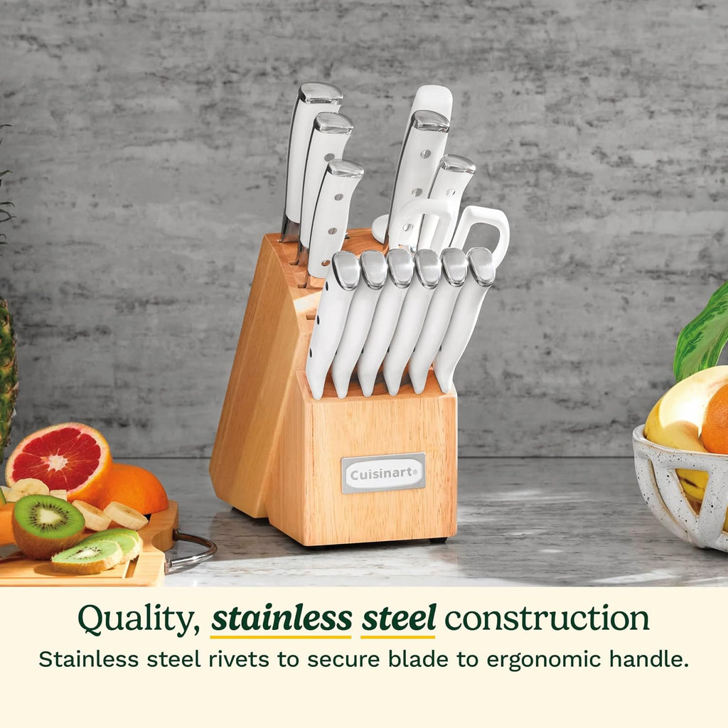 Cuisinart 15-Piece Knife Set With Block, High Carbon Stainless Steel, Forged Triple Rivet, White, C77Wtr-15P