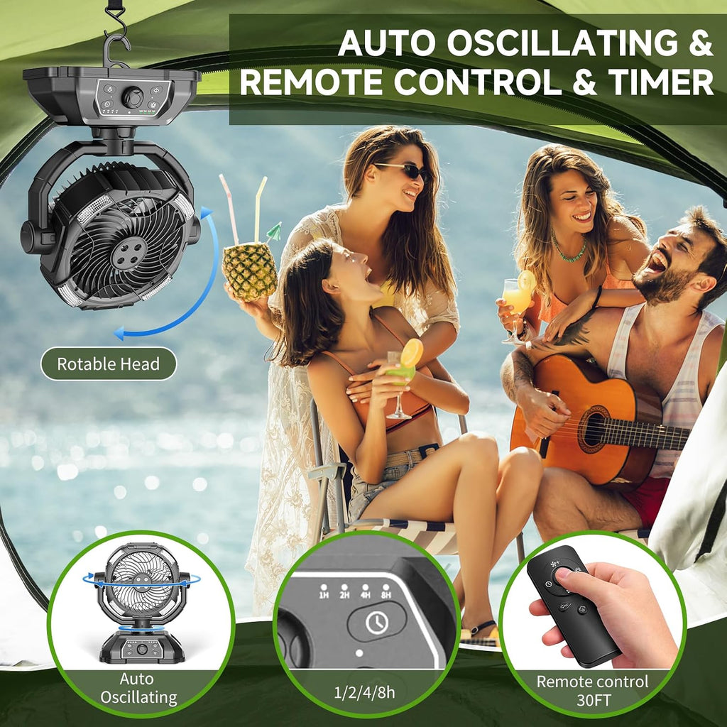 Portable Misting Fan Rechargeable For Hot Weather - 9-Inch Auto Swivel Camping Fan With 25000Mah Usb Battery As Power Bank, Outdoor Fan With 4 Mist Cooler, 7L Bucket For Patio,Yard,Beach,Golf (Black)