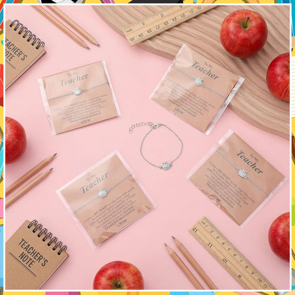 Tondiamo 12 Sets Teachers Appreciation Week Gifts Bulk Apple Bracelet for Teacher with Inspirational Cards Graduation Thank You Gifts End of The Year Party Favors