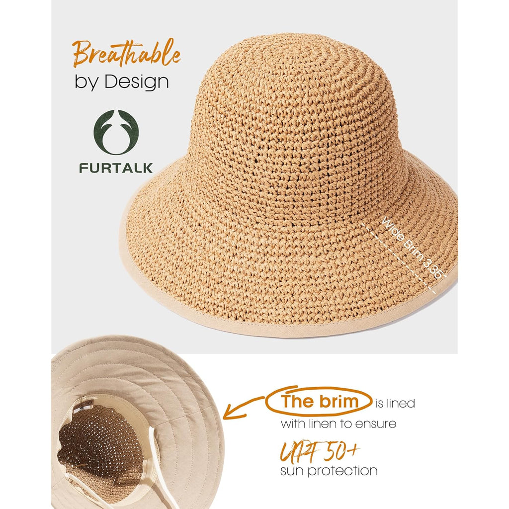 FURTALK Summer Straw Beach Sun Hats for Women UPF 50 Floppy Wide Brim Travel Bucket Hat Foldable Packable