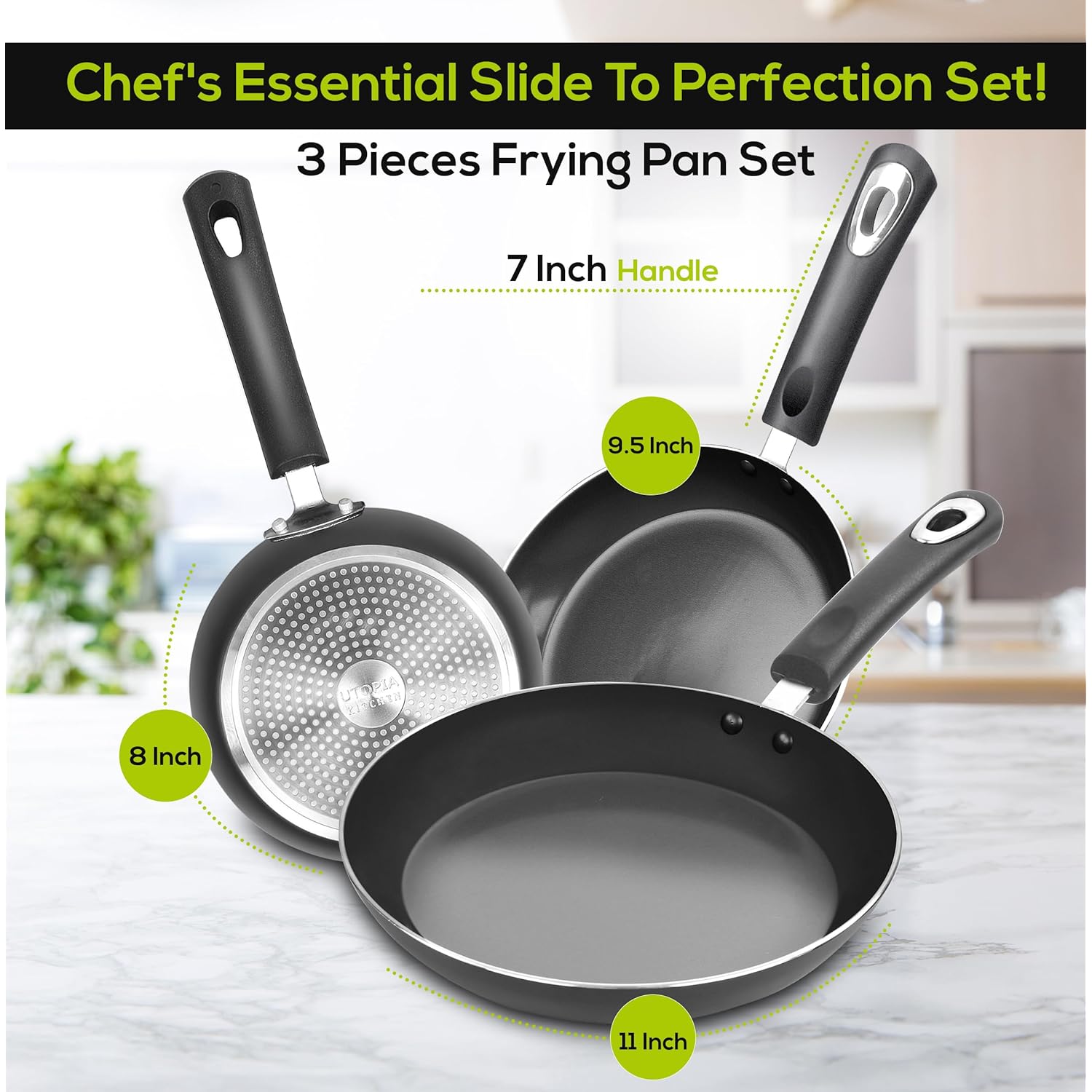 Utopia Kitchen Nonstick Cookware 3 Piece Omelette Pan Skillet Set, Nonstick Frying Pans with Induction Bottom, 8, 9.5 & 11 Inches Frying Pans with Bakelite Handles, PFOA Free, Grey