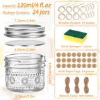 4 Oz Small Embossed Mason Jars 24-Pack With Airtight Lids, Leakproof | Mini Canning Jars, Reusable, For Jam/Jelly/Honey, Spices, Diy Candles, Wedding Favors & Gift Packaging