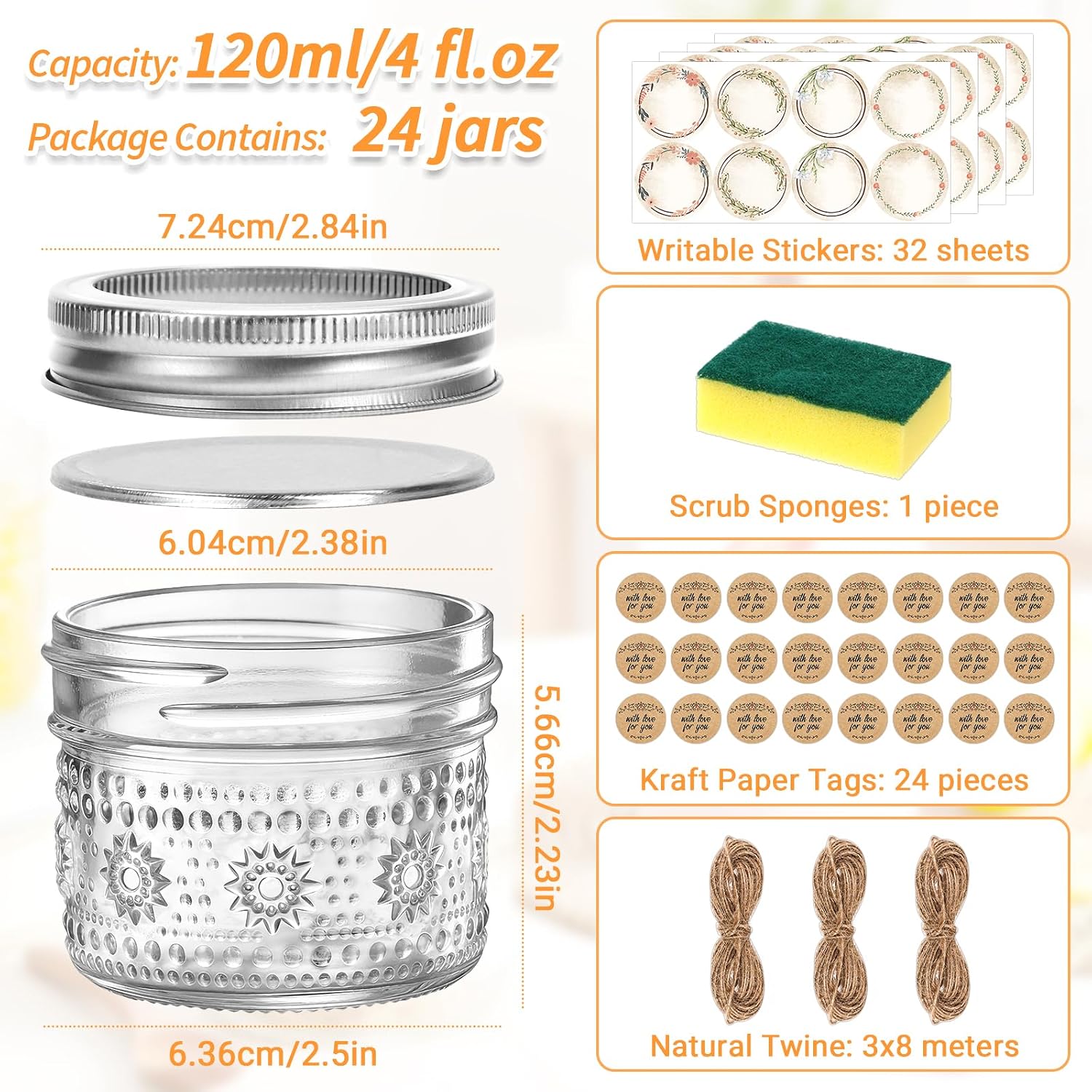 4 Oz Small Embossed Mason Jars 24-Pack With Airtight Lids, Leakproof | Mini Canning Jars, Reusable, For Jam/Jelly/Honey, Spices, Diy Candles, Wedding Favors & Gift Packaging