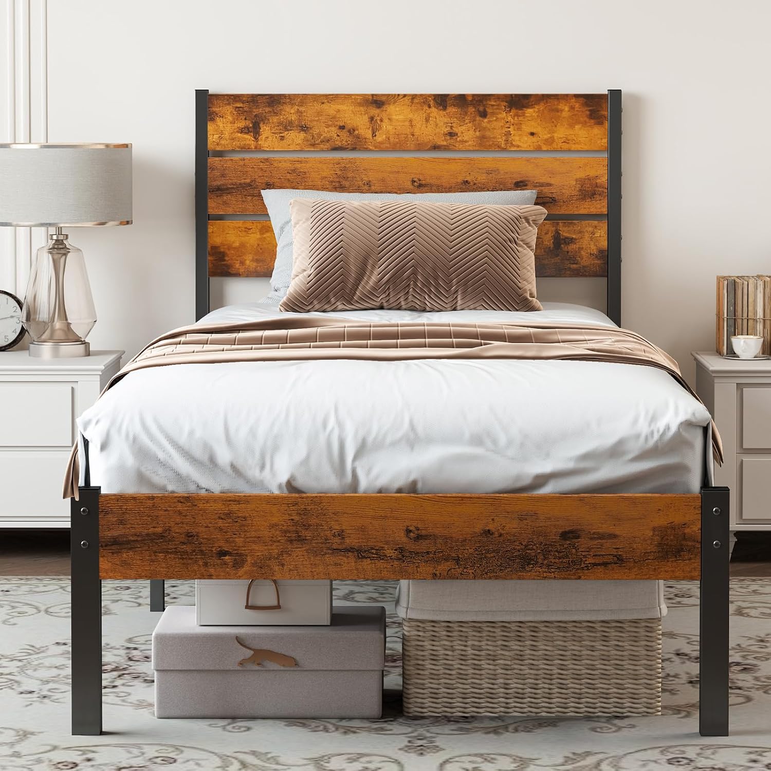 Sweetcrispy Twin Size Metal Platform Bed Frame - Mattress Foundation With Headboard And And Footboard, No Box Spring Needed With 700Lbs Sturdy Wooden Slats Support, Noise Free, Easy Assembly