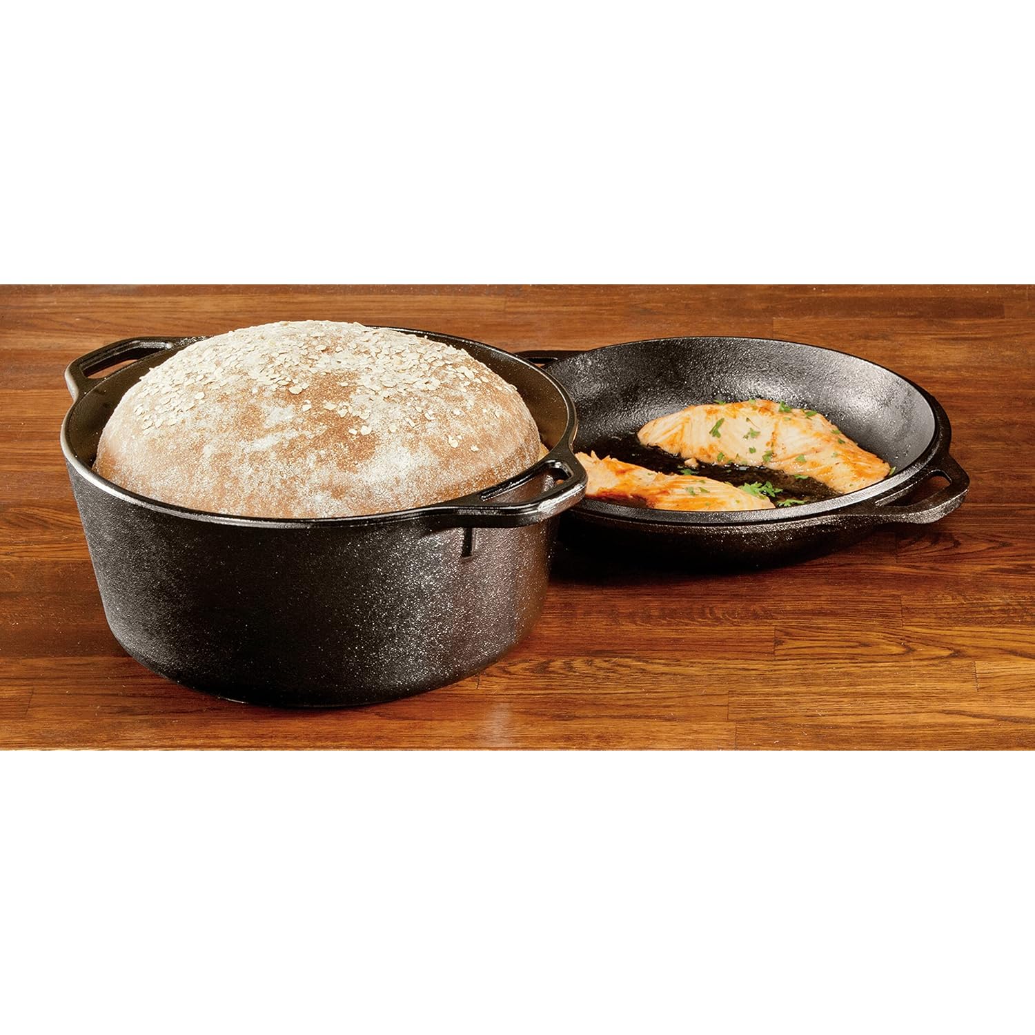 Lodge Cast Iron Double Dutch Oven 5 Quart - Pre-Seasoned 2-in-1 Cast Iron Cookware - Pot & Skillet Combo - Even Heat Retention - Oven-Safe, Versatile Pot