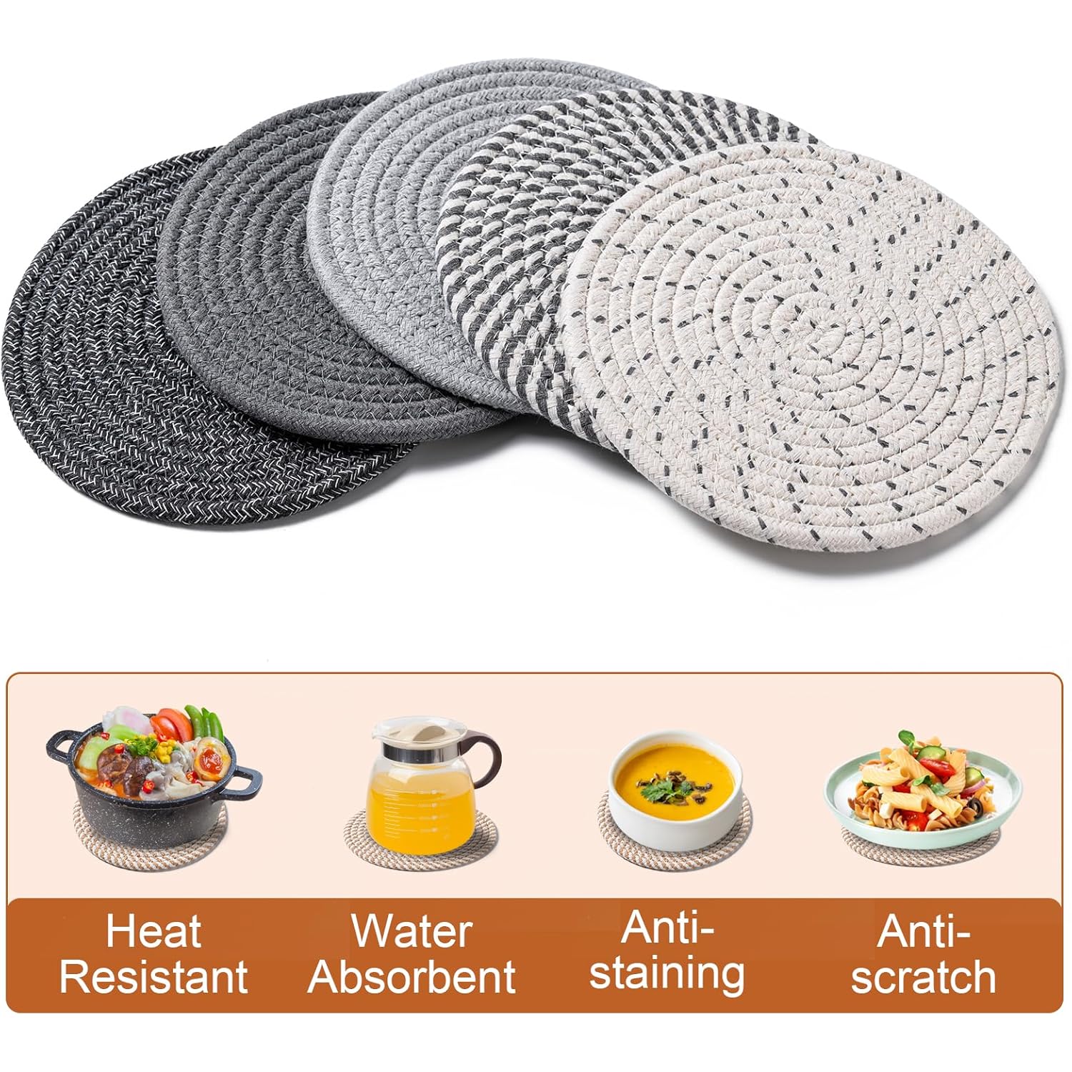 Husfunov 7 Inch Trivets for Hot Dishes, Pots and Pans, 5 Heat Resistant Pot Holders for Kitchen, Home Essentials, Hot Pads for Countertop and Table, Farmhouse Decor Vase Mats, Gray