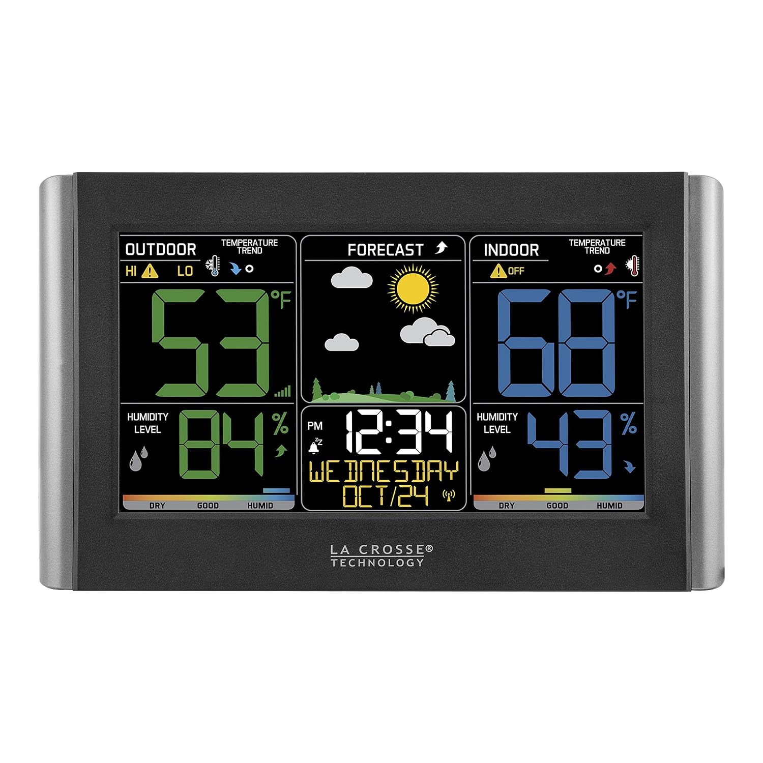 La Crosse Technology Weather Station With Customizable Alerts, Weather Forecast, Temperature, Dew Point, Humidity, Time, Heat Index, Large Display, Adjustable Brightness, Wireless, Black, C85845-Int