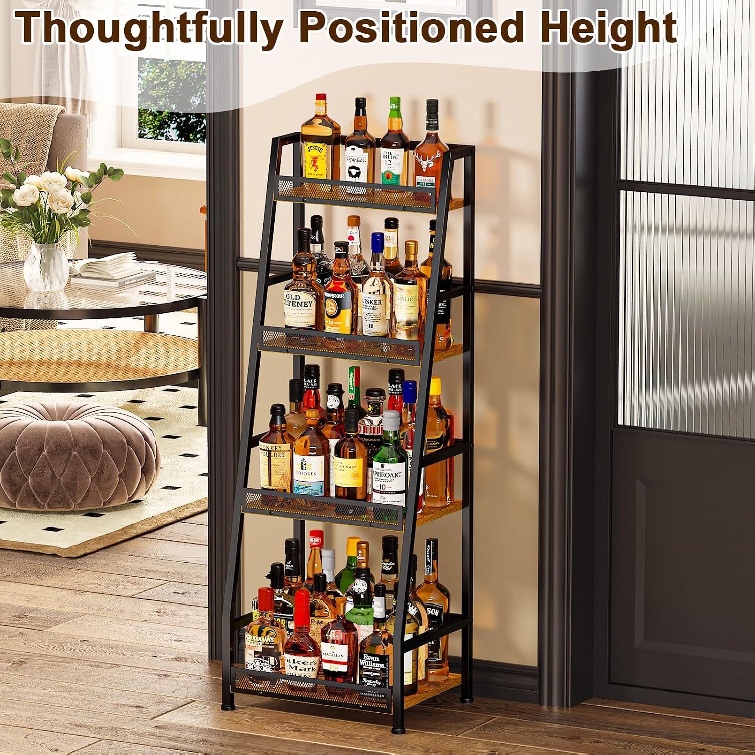 4-Tier Trapezoid Liquor Stand For Home Bar, Stepped Wine Rack Freestanding Floor Liquor Cabinet For Whiskey Wine, Versatile Corner Wine Bottle Display Stand With Fences, Vintage Brown（Patent Pending）