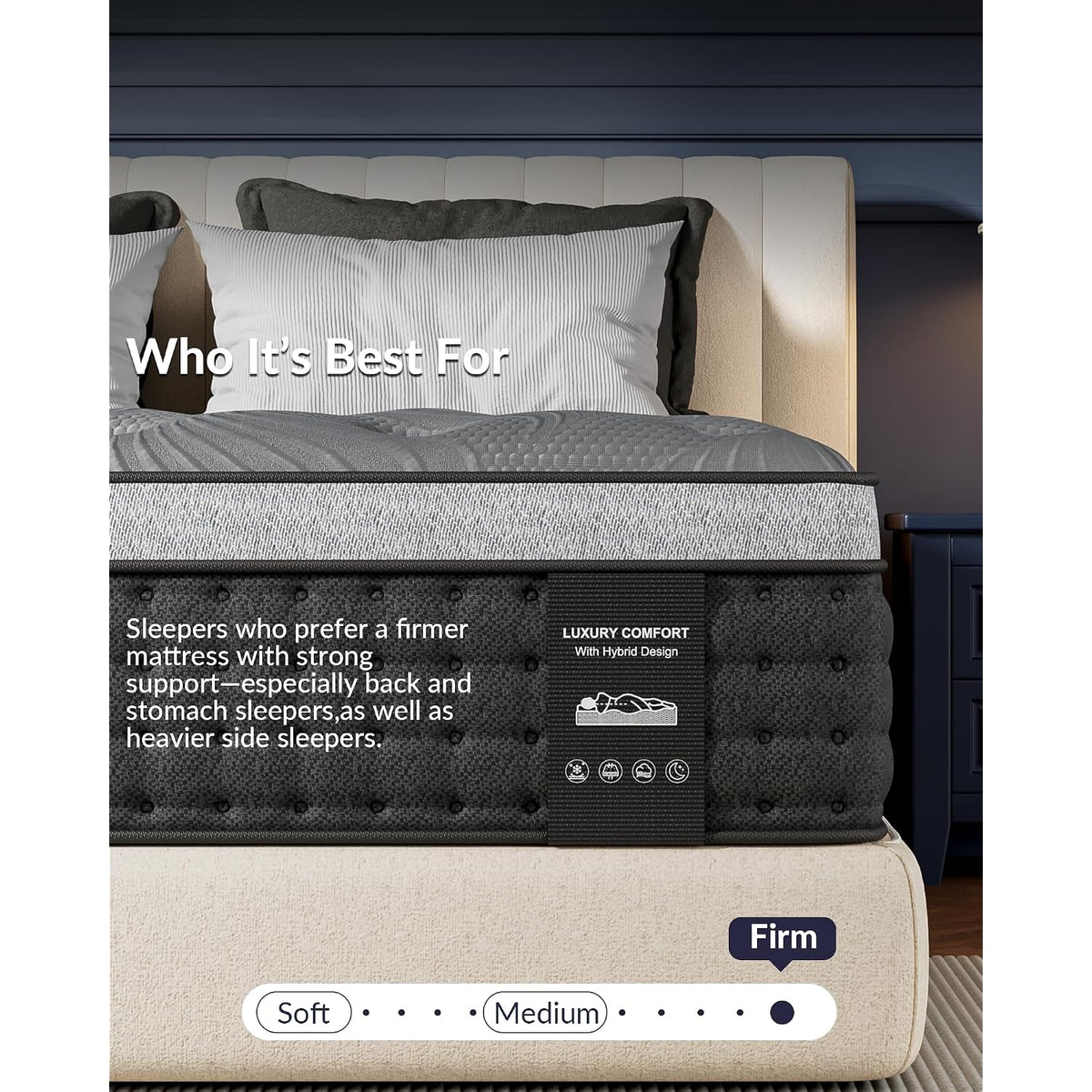 Firm Queen Mattress 14 Inch, Cooling Hybrid Mattress In A Box For Deep Sleep, Luxury Hotel-Collection Design, Enhanced Back & Hip Support, Fiberglass-Free & Certipur-Us, 365-Night Trial