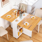 53“ Folding Dining Table Space Saving Foldable Dining Table With Drawer, Shelves And Wine Racks, Drop Leaf Table For Small Spaces, Extendable Folding Kitchen Table With Lockable Wheels