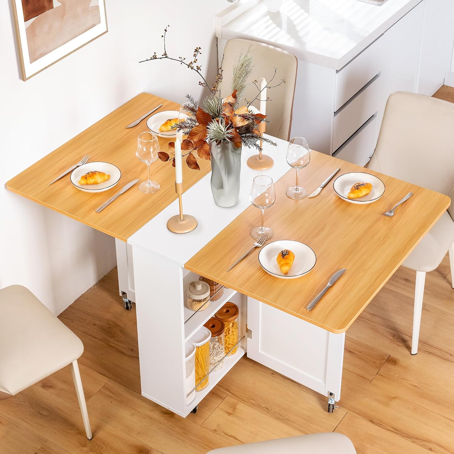 53“ Folding Dining Table Space Saving Foldable Dining Table With Drawer, Shelves And Wine Racks, Drop Leaf Table For Small Spaces, Extendable Folding Kitchen Table With Lockable Wheels